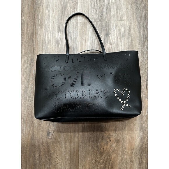 Victoria's Secret Love Black & Gold Perforated With Grommets Shoulder Tote Bag‎ - Picture 1 of 7